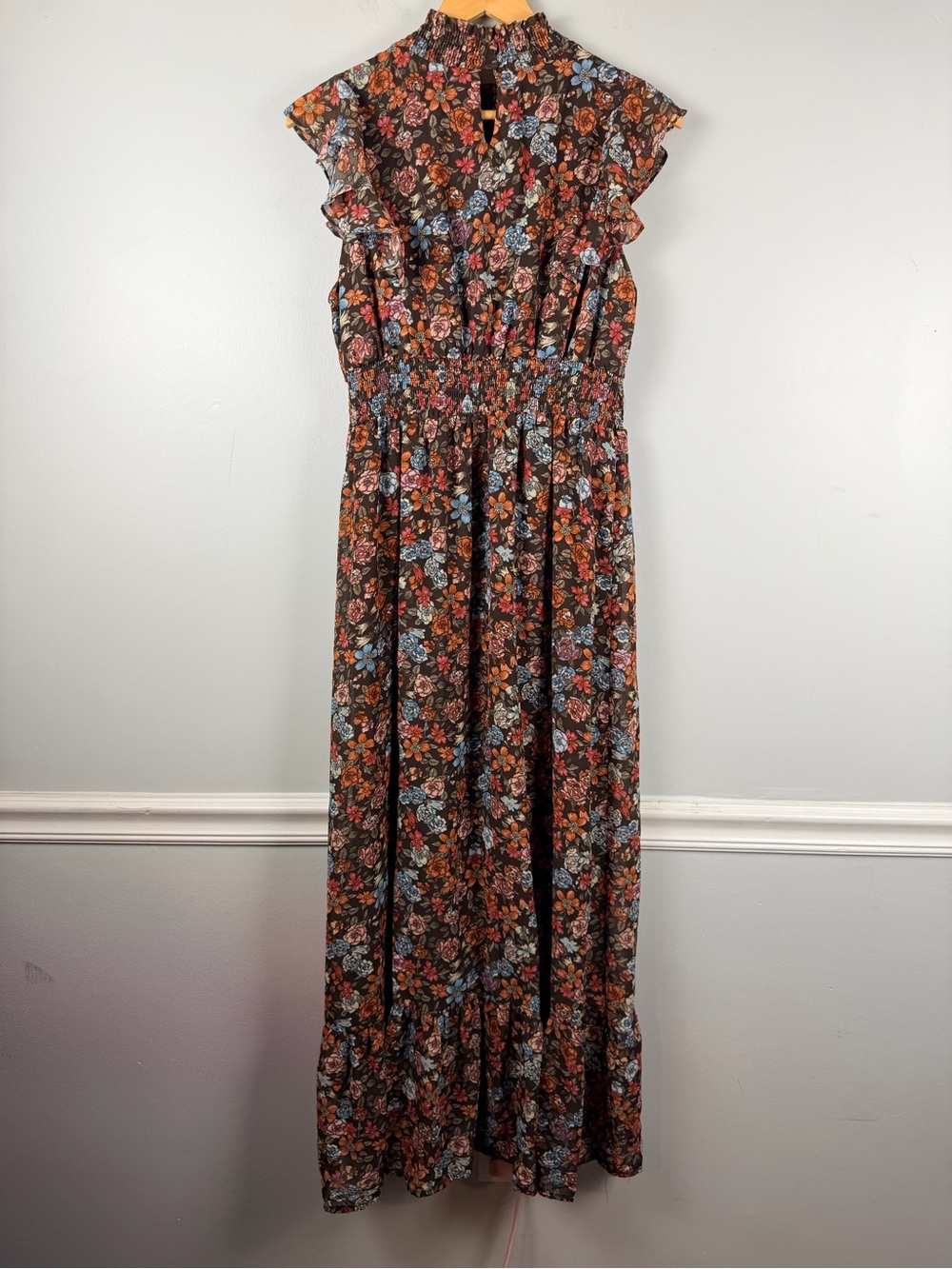 New Baltic Born Kearny Ruffle Maxi Dress size large in brown multi floral - Picture 9 of 10